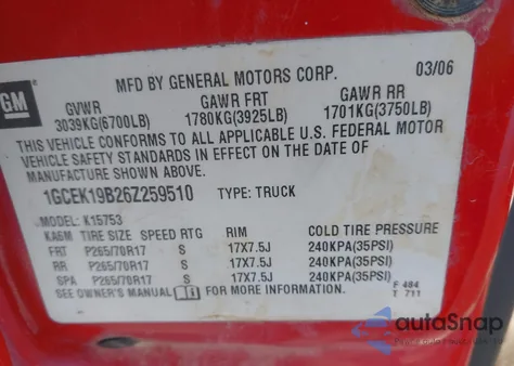 2006 Chevrolet Silverado 1500 Lt1 из США, поврежденный, VIN 1GCEK19B26Z259510